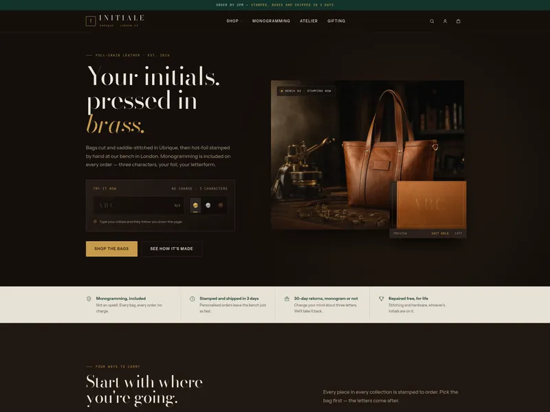 Initiale — Personalised leather goods Shopify storefront