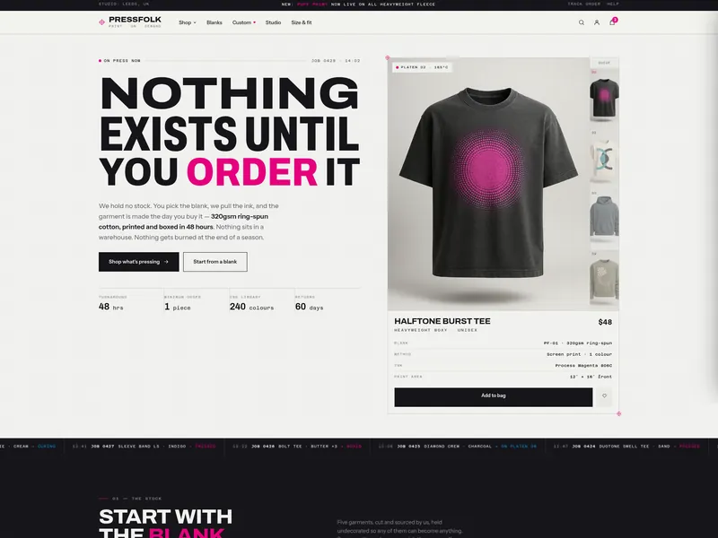 Pressfolk — Print-on-demand apparel Shopify storefront